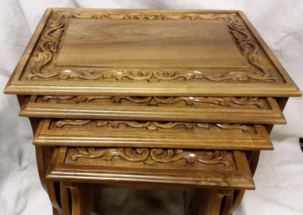 Walnut Carved Nesting Table 4 Pcs - 3